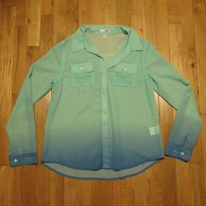 Sheer Blue Ombre Button Up Collared Top